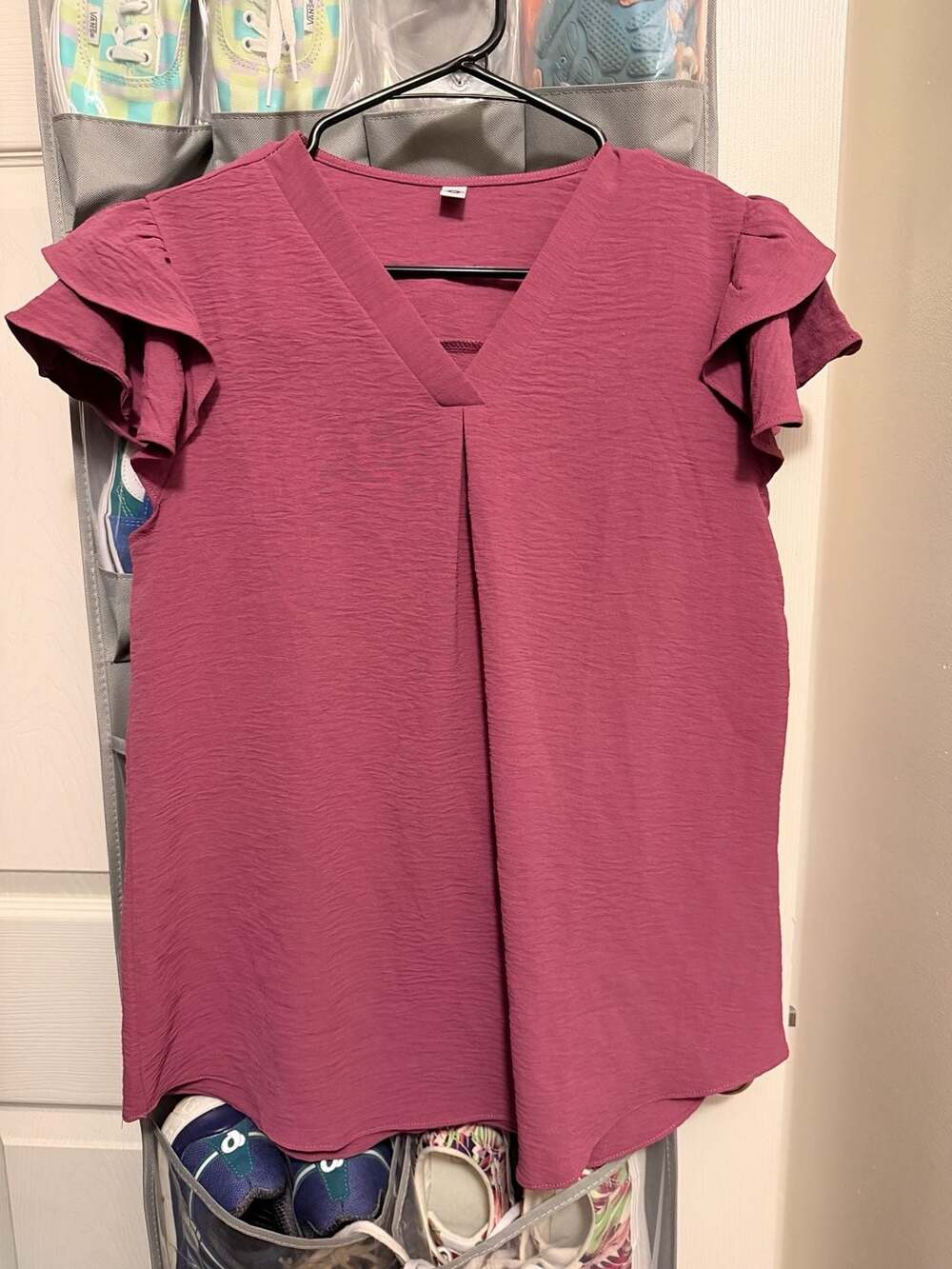 Your Style Women's V-Neck Ruffle Short Sleeve Textured Blouse Top